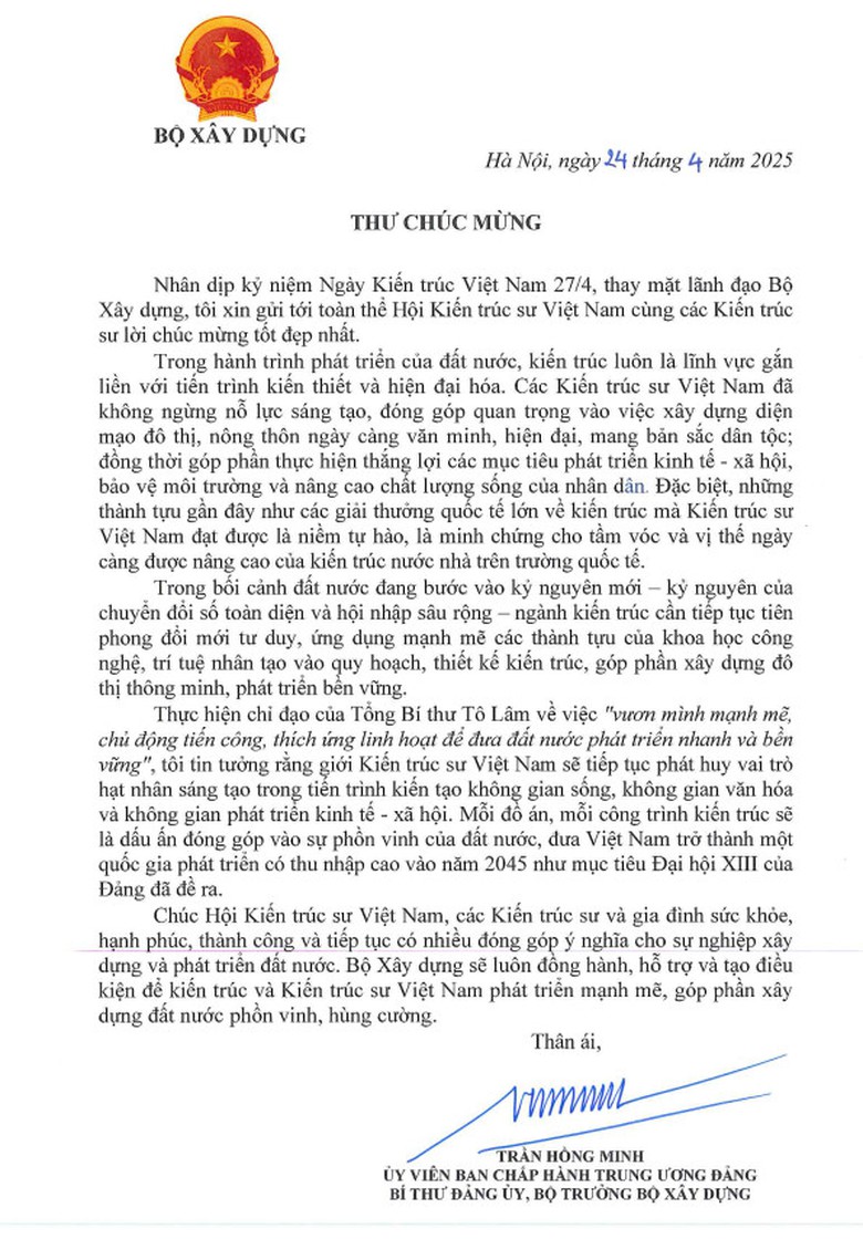 Bộ trưởng Bộ X&acirc;y dựng gửi thư ch&uacute;c mừng nh&acirc;n ng&agrave;y Kiến tr&uacute;c Việt Nam- Ảnh 1.