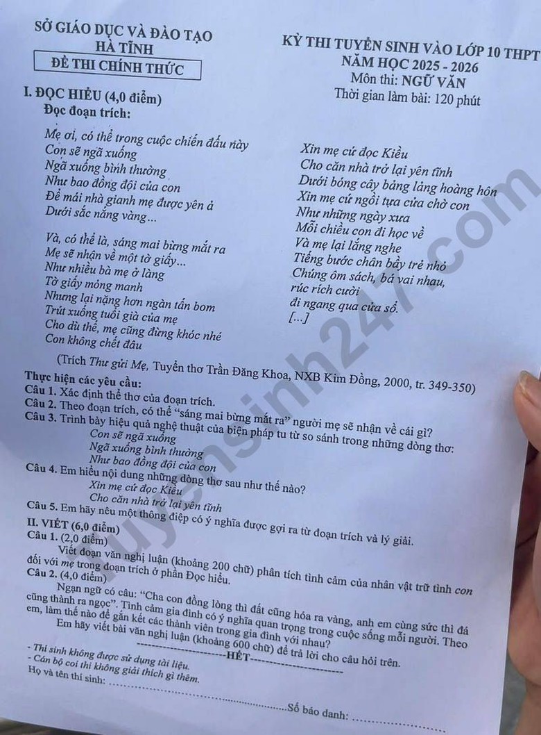 Đ&aacute;p &aacute;n đề thi tuyển sinh lớp 10 m&ocirc;n Ngữ văn H&agrave; Tĩnh năm 2025- Ảnh 6.