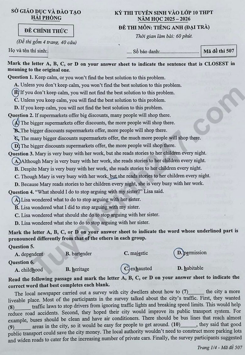 Đ&aacute;p &aacute;n đề thi tuyển sinh lớp 10 m&ocirc;n Tiếng Anh Hải Ph&ograve;ng năm 2025- Ảnh 3.