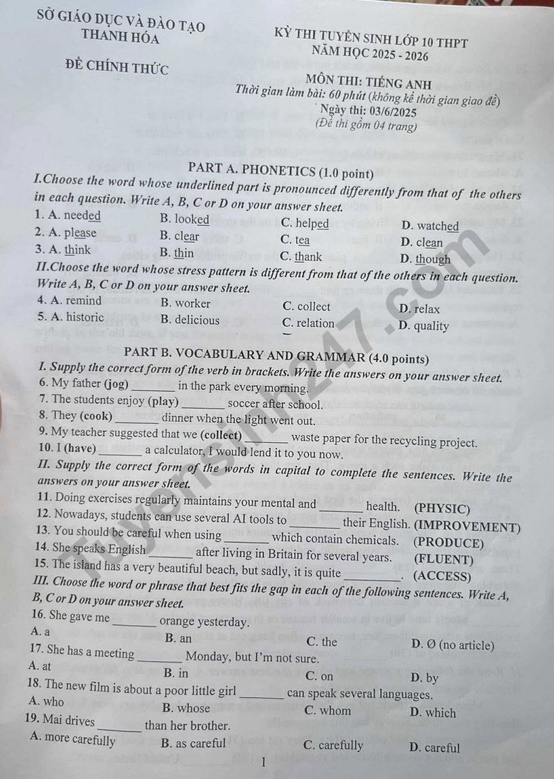 Đáp án đề thi tuyển sinh lớp 10 môn Tiếng Anh Thanh Hóa năm 2025- Ảnh 3. Đáp án đề thi tuyển sinh lớp 10 môn Tiếng Anh Thanh Hóa năm 2025- Ảnh 3.