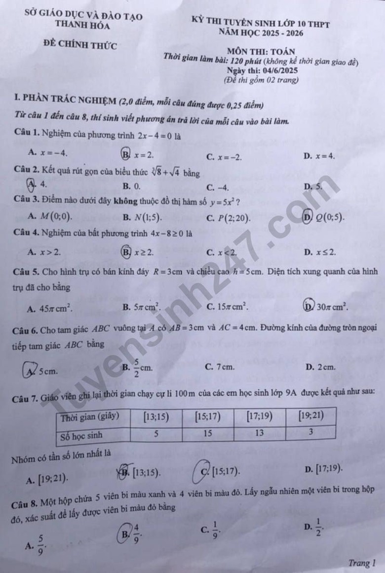Đ&aacute;p &aacute;n đề thi tuyển sinh lớp 10 m&ocirc;n To&aacute;n Thanh H&oacute;a năm 2025- Ảnh 2.