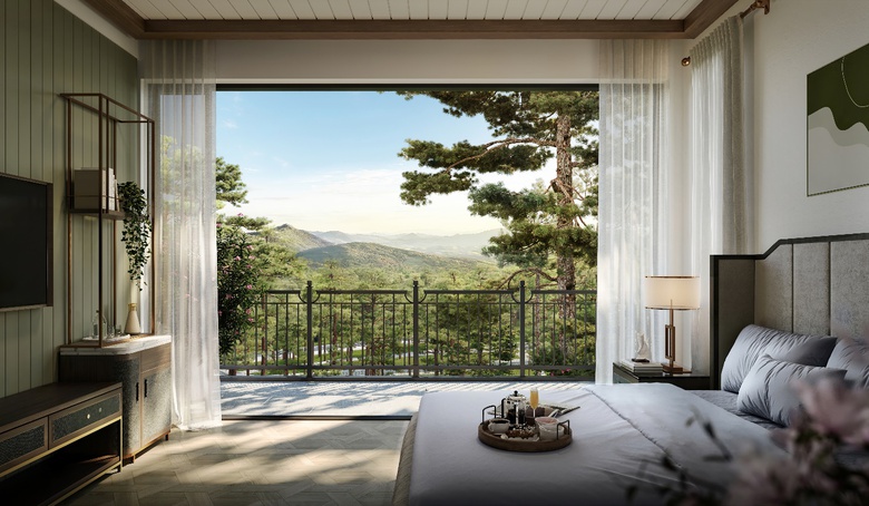 A room with a view of the mountains and trees  AI-generated content may be incorrect.