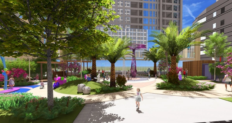 A park with trees and a child walking on it  Description automatically generated with medium confidence