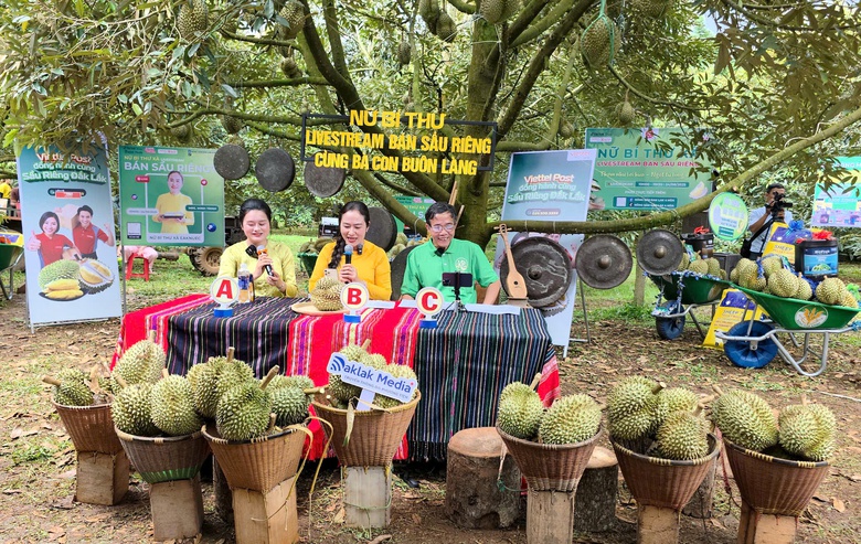 Đắk Lắk: Nữ b&iacute; thư x&atilde; ra vườn c&ugrave;ng b&agrave; con bu&ocirc;n l&agrave;ng livestream b&aacute;n sầu ri&ecirc;ng- Ảnh 1.