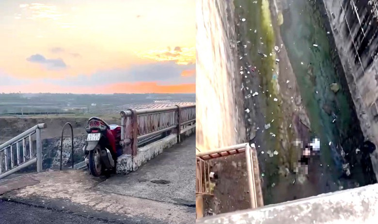 Người đàn ông tử vong dưới cửa xả đập chứa nước Krông Búk hạ, trên thành cầu có chiếc xe máy lơ lửng. (Ảnh cắt từ clip) Người đàn ông tử vong dưới cửa xả đập chứa nước Krông Búk hạ, trên thành cầu có chiếc xe máy lơ lửng. (Ảnh cắt từ clip)