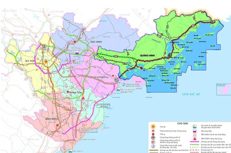 Bản đồ phạm vi lập quy hoạch chung đ&ocirc; thị Quảng Ninh trong V&ugrave;ng đồng bằng s&ocirc;ng Hồng.