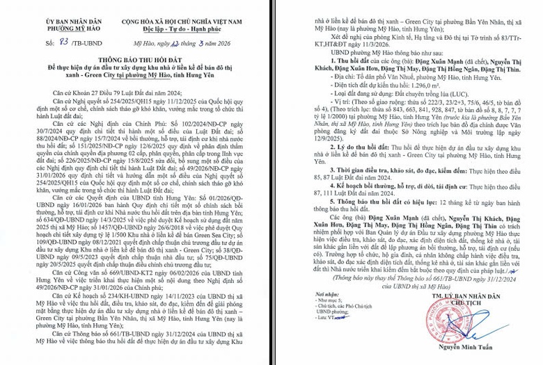 UBND phường Mỹ H&agrave;o (Hưng Y&ecirc;n): Th&ocirc;ng b&aacute;o thu hồi đất (lần 1)- Ảnh 1.