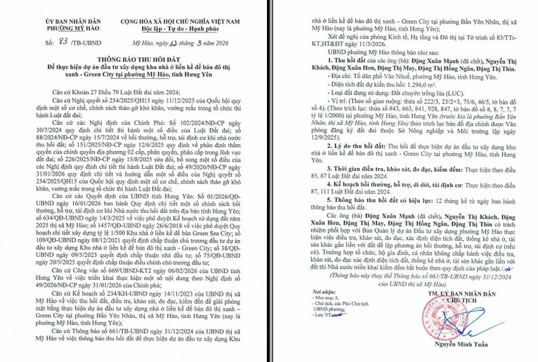 UBND phường Mỹ Hào (Hưng Yên): Thông báo thu hồi đất (lần 2)- Ảnh 1. UBND phường Mỹ Hào (Hưng Yên): Thông báo thu hồi đất (lần 2)- Ảnh 1.