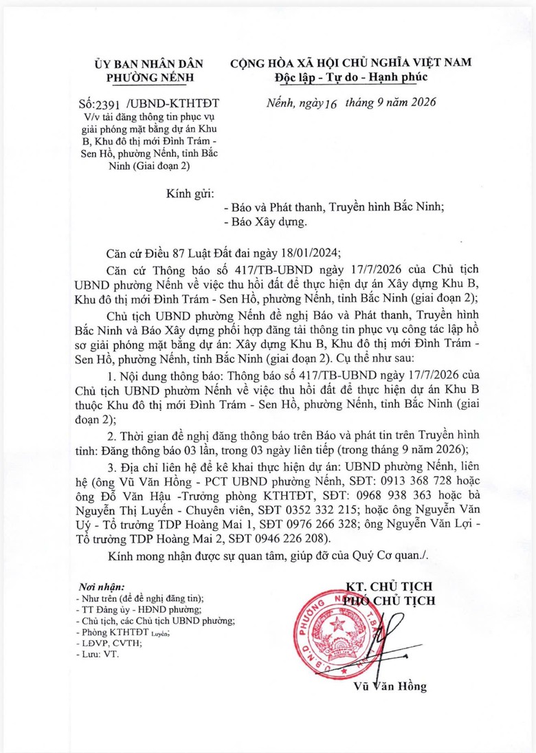 Bắc Ninh thông báo thu hồi đất thực hiện Khu đô thị mới Đình Trám - Sen Hồ (lần 1)- Ảnh 2.