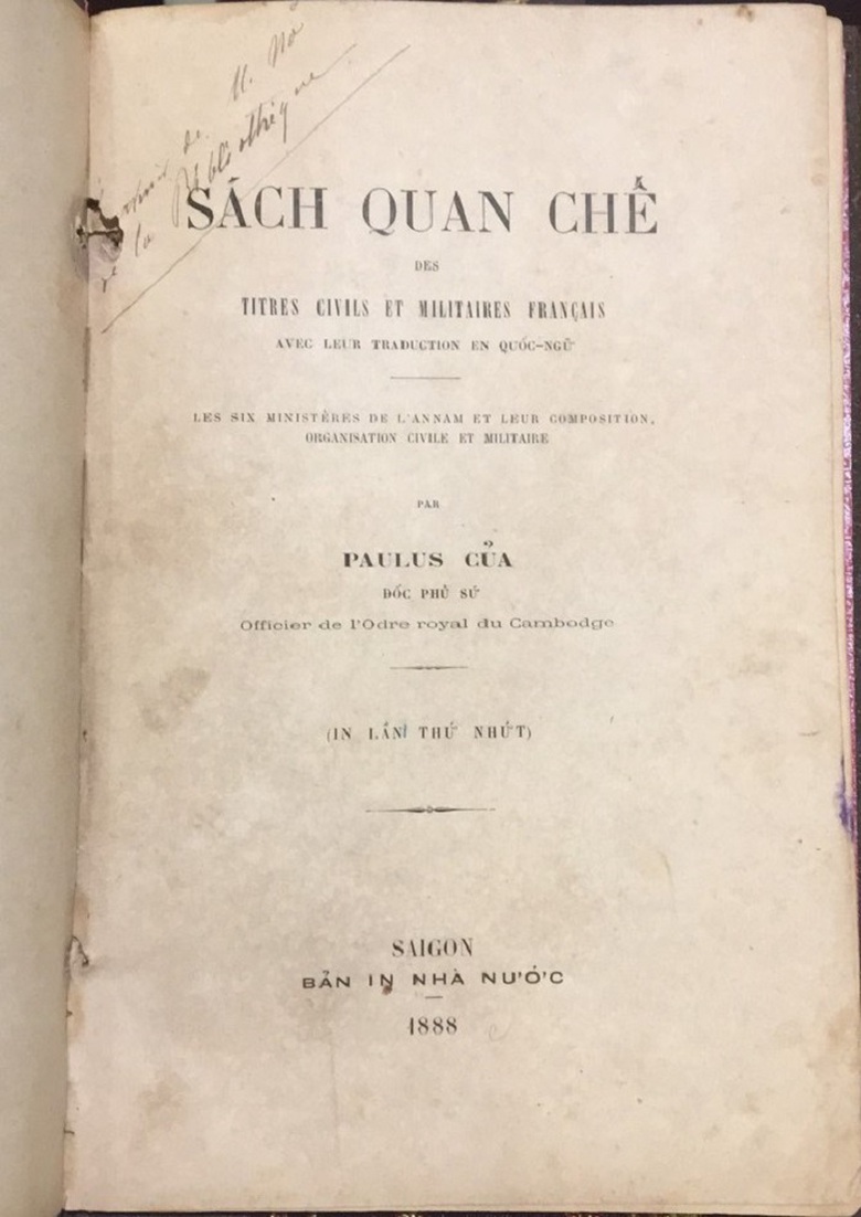 S&aacute;ch quan chế, Paulus Huỳnh Tịnh Của năm 1888