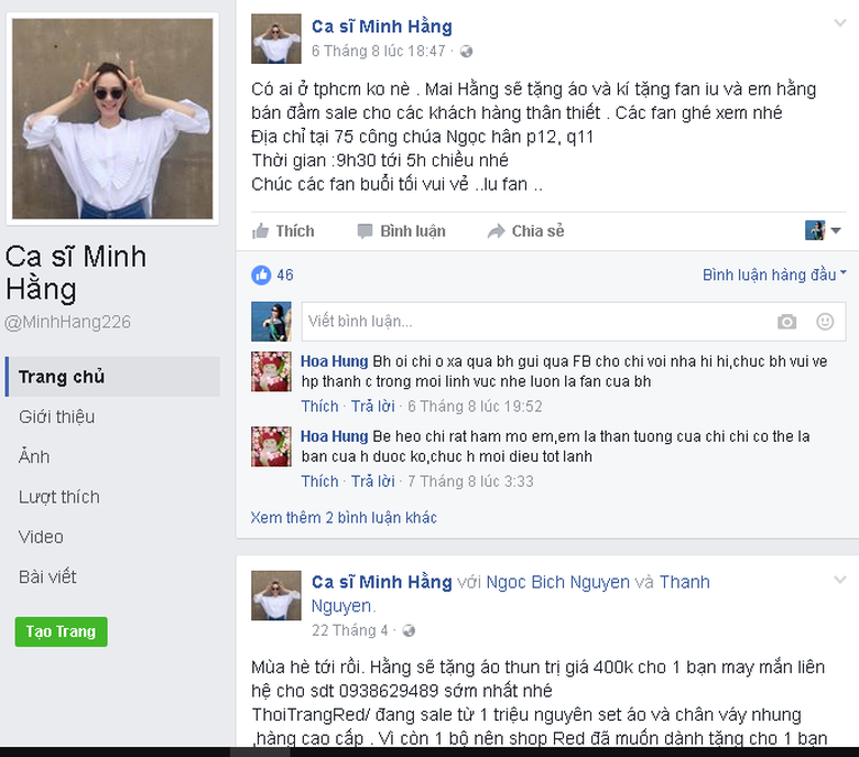 FB giả t&ecirc;n tuổi Minh Hằng để b&aacute;n h&agrave;ng, quảng c&aacute;o