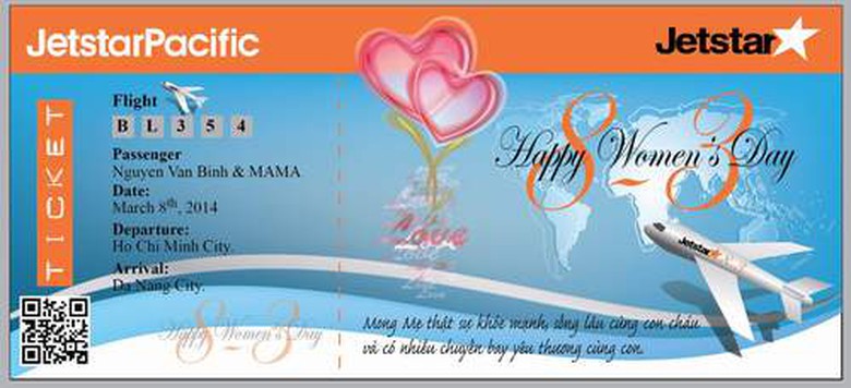 Thẻ l&ecirc;n m&aacute;y bay do h&agrave;nh kh&aacute;ch tự thiết kế tham gia chương tr&igrave;nh 8/3 của Jetstar Pacific