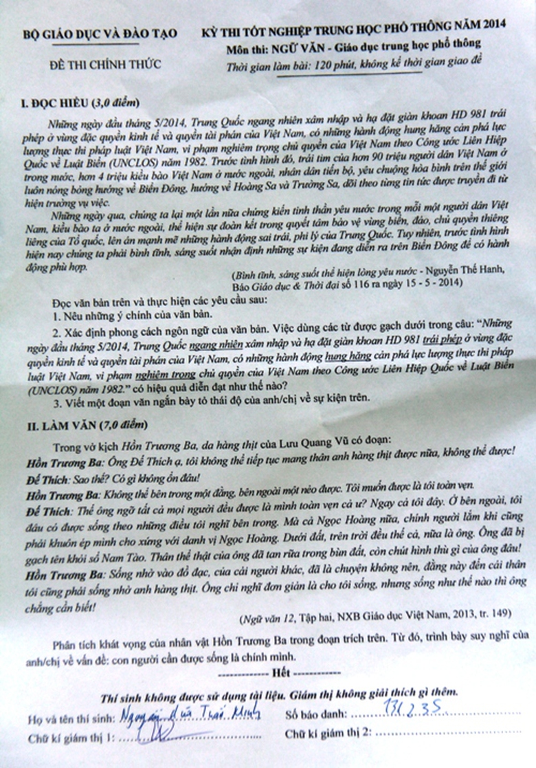  Đề thi tốt nghiệp THPT 2014 m&ocirc;n Ngữ văn (Ảnh: VTC News)