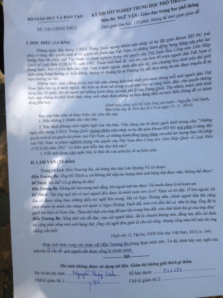 Đề thi m&ocirc;n Ngữ Văn kỳ thi Tốt nghiệp THPT 2014.