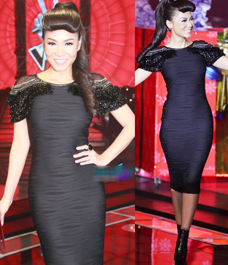 Chiếc đầm &ocirc;m s&aacute;t cơ thể của thương hiệu Badgley Mischka khoảng 40 triệu đồng v&agrave; đ&ocirc;i bốt cổ ngắn của thương hiệu Alexander McQueen c&oacute; gi&aacute; khoảng 50 triệu đồng