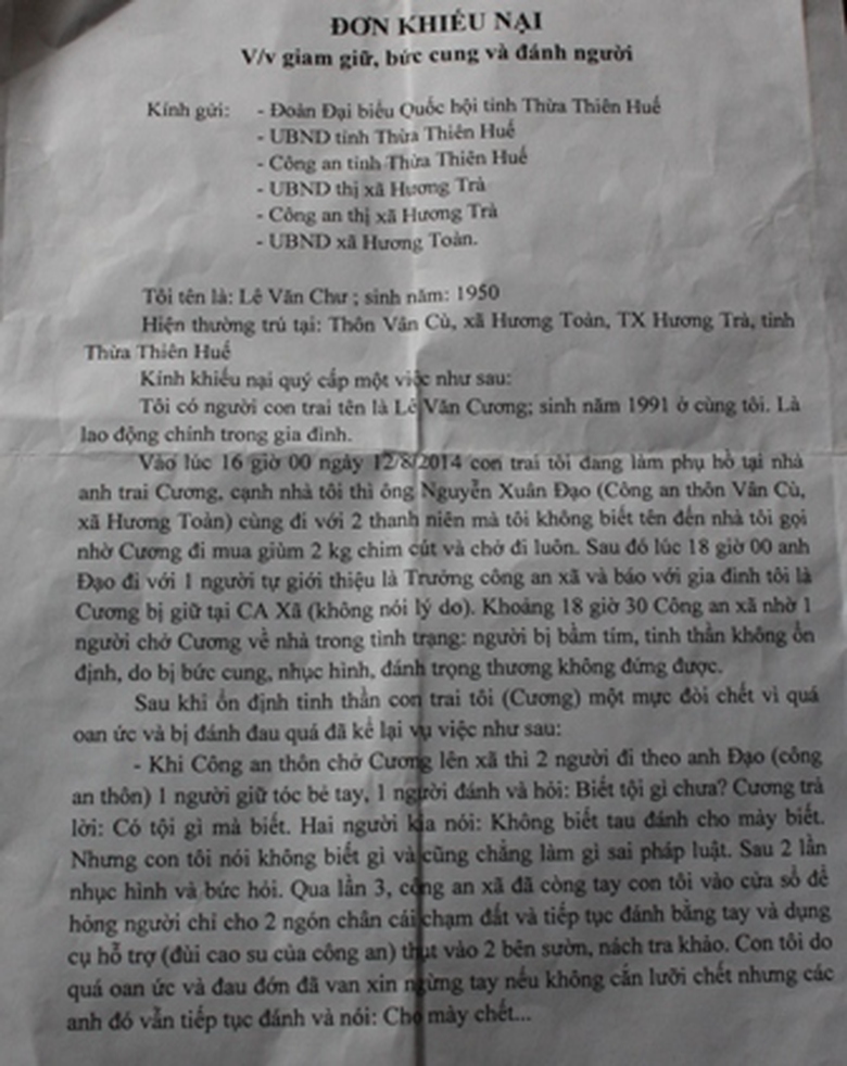 Đơn khiếu nại của &ocirc;ng L&ecirc; Văn Chư