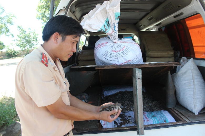 Thượng &uacute;y Trần Văn Chuy&ecirc;n đang kiểm tra số vẩy t&ecirc; t&ecirc; tr&ecirc;n xe 37A-114.00