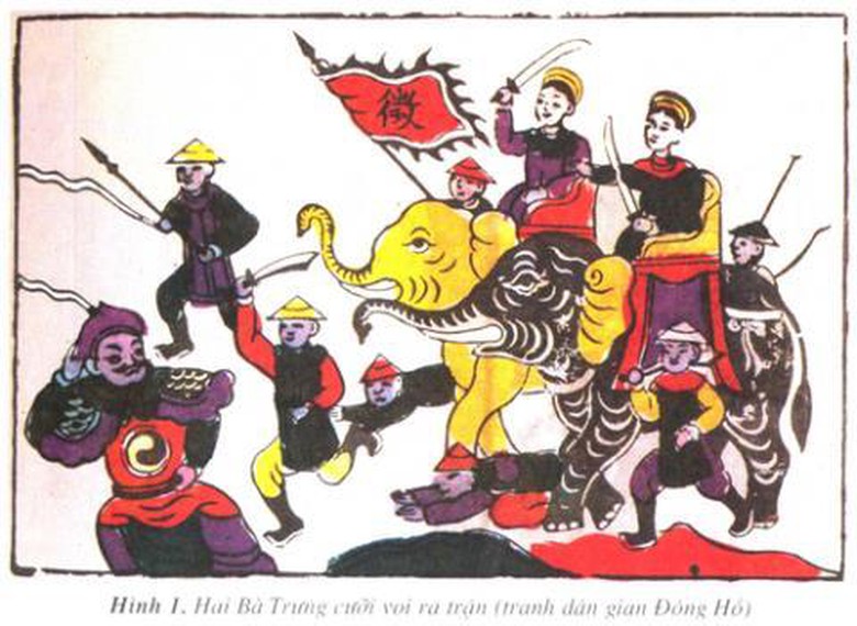 Hai B&agrave; Trưng cưỡi voi ra trận- tranh d&acirc;n gian Đ&ocirc;ng Hồ.