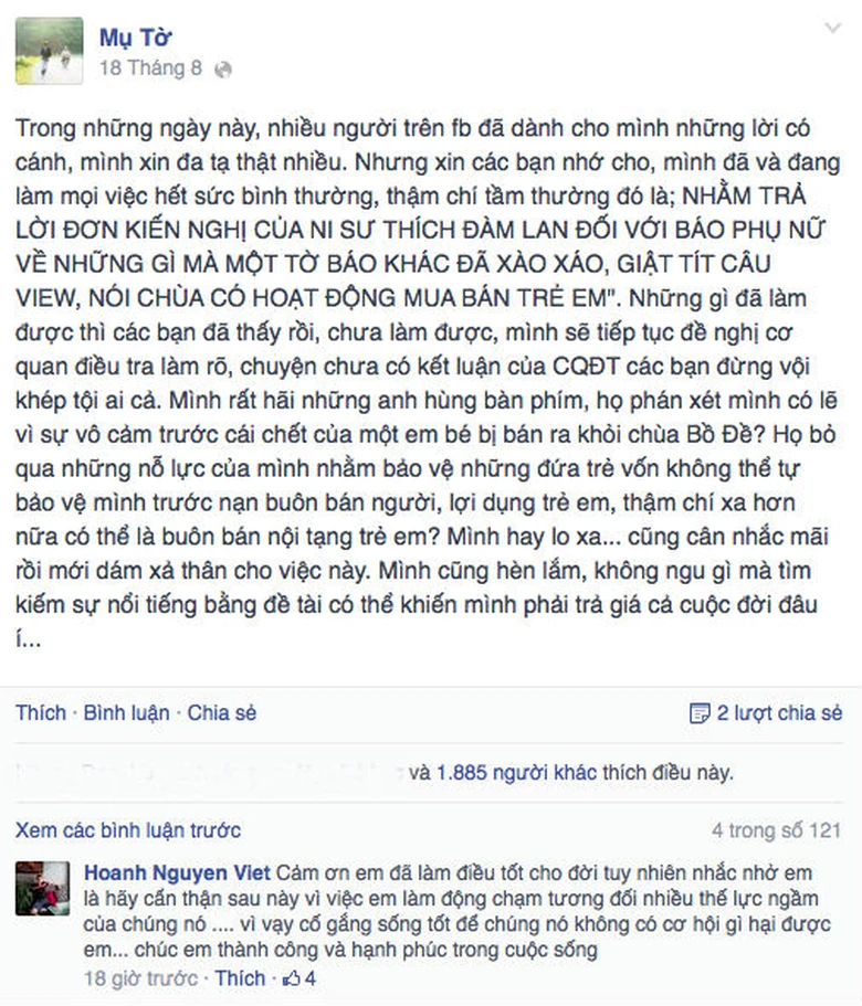 C&aacute;c status của nh&agrave; b&aacute;o Thu Trang về ch&ugrave;a Bồ Đề lu&ocirc;n thu h&uacute;t sự quan t&acirc;m của cộng đồng mạng