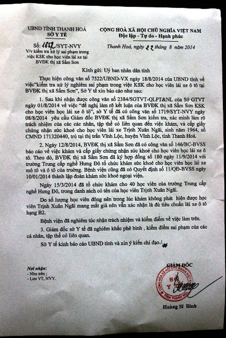 B&aacute;o c&aacute;o của Sở y tế Thanh H&oacute;a gửi UBND tỉnh về vụ việc