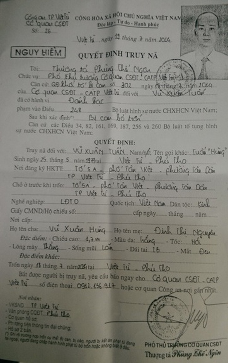Lệnh truy n&atilde; đối tượng Vũ Xu&acirc;n Tuấn