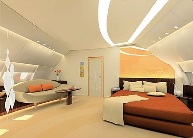 Ngo&agrave;i ra, tr&ecirc;n m&aacute;y bay c&ograve;n c&oacute; một bức tranh khảm m&ocirc; tả c&aacute;c cảnh sa mạc, một rạp chiếu phim với c&aacute;c ghế bọc da c&oacute; m&agrave;u giống đụn c&aacute;t, một chuỗi c&aacute;c ph&ograve;ng ngủ được kết nối với ph&ograve;ng của tiếp vi&ecirc;n qua hệ thống li&ecirc;n lạc hiện đại v&agrave; một ph&ograve;ng gym với c&aacute;c thiết bị mua từ c&ocirc;ng ty Nautilus nổi tiếng (Ảnh: 1 ph&ograve;ng ngủ tr&ecirc;n m&aacute;y bay)