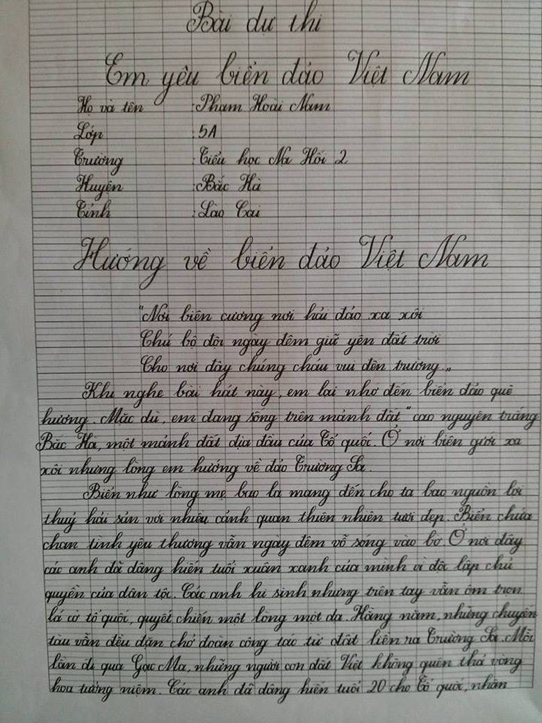 B&agrave;i dự thi với những n&eacute;t chữ rất đẹp của Ho&agrave;i Nam.