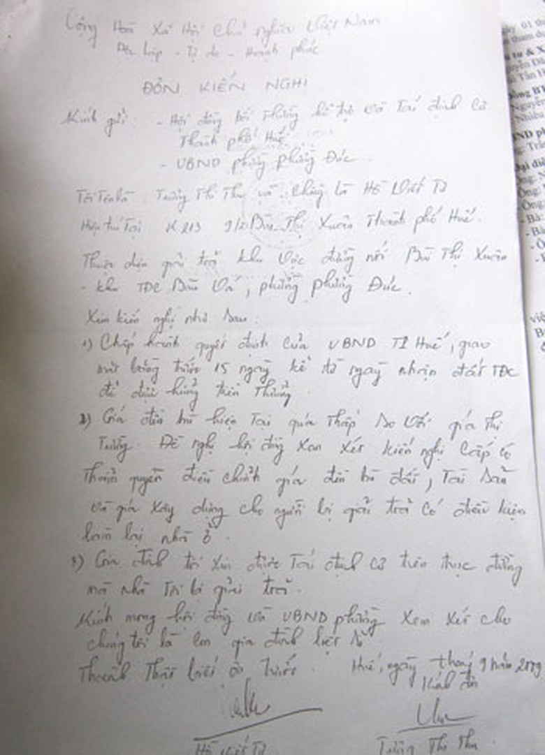 Đơn kiến nghị lần đầu của vợ chồng &ocirc;ng Hồ Viết Tư v&agrave; b&agrave; Trương Thị Thu