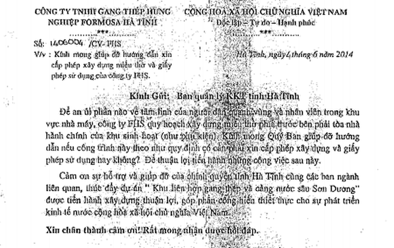 C&ocirc;ng văn của Formosa xin x&acirc;y dựng miếu thờ