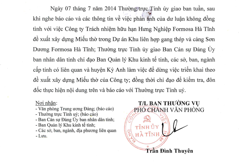 Tỉnh ủy H&agrave; Tĩnh ra th&ocirc;ng b&aacute;o kh&ocirc;ng đồng &yacute; Formosa x&acirc;y miếu thờ