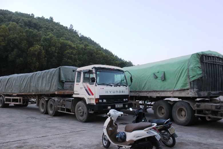 Những chiếc xe chở đầy xi măng bị bắt giữ phủ k&iacute;n bạt