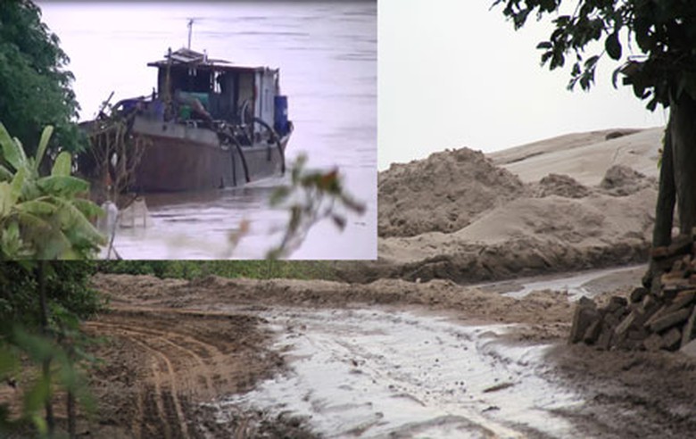B&atilde;i c&aacute;t tr&aacute;i ph&eacute;p ven bờ s&ocirc;ng Hồng tại (x&oacute;m B&atilde;i, th&ocirc;n Đại Mạch) (ảnh lớn). C&aacute;t tặc vẫn ho&agrave;nh h&agrave;nh giữa ban ng&agrave;y tại đ&acirc;y (ảnh nhỏ cắt từ clip)