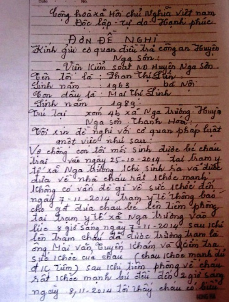 Đơn kiến nghị của gia đ&igrave;nh chị Linh gửi cơ quan chức năng y&ecirc;u cầu l&agrave;m r&otilde; nguy&ecirc;n nh&acirc;n c&aacute;i chết của con m&igrave;nh