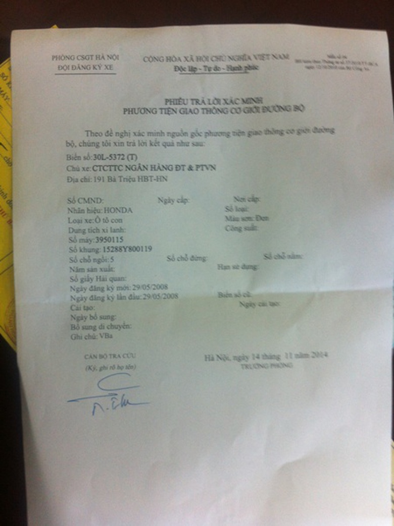 Kết quả tra cứu của cơ quan chức năng về &ocirc; t&ocirc; 30L-5372