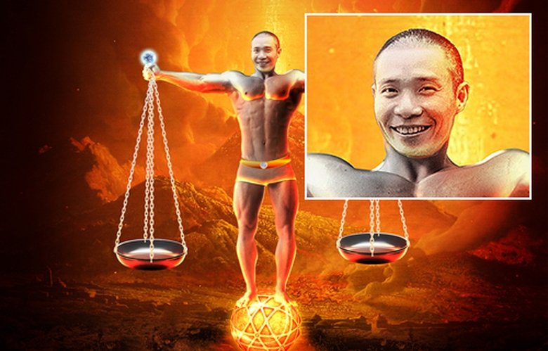 H&igrave;nh thiết kế gốc di&ecirc;̃n vi&ecirc;n hài C&ocirc;ng Lý đứng tr&ecirc;n quả cầu lửa