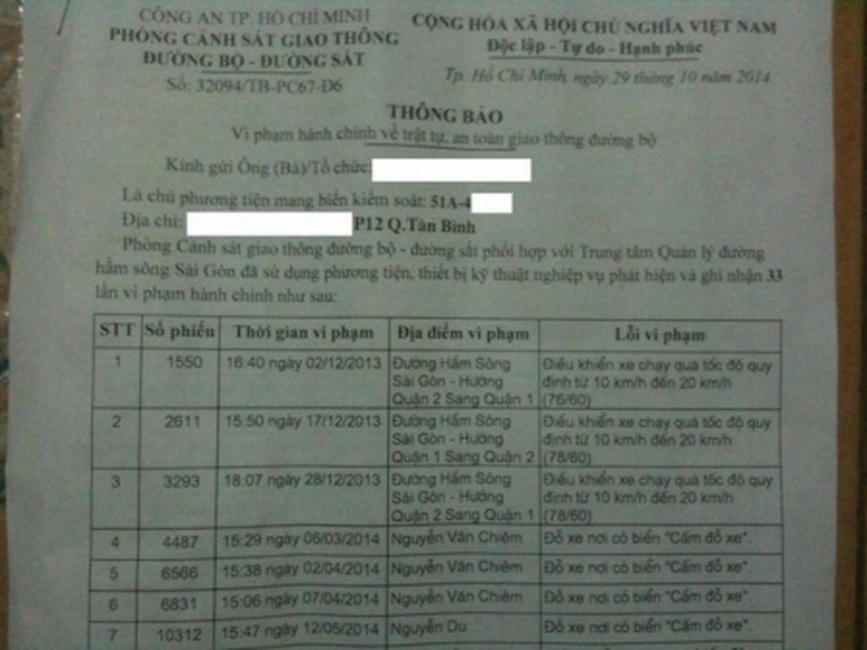 Bi&ecirc;n bản nộp phạt do Mai Em đăng tải tr&ecirc;n trang mạng vitalk.vn