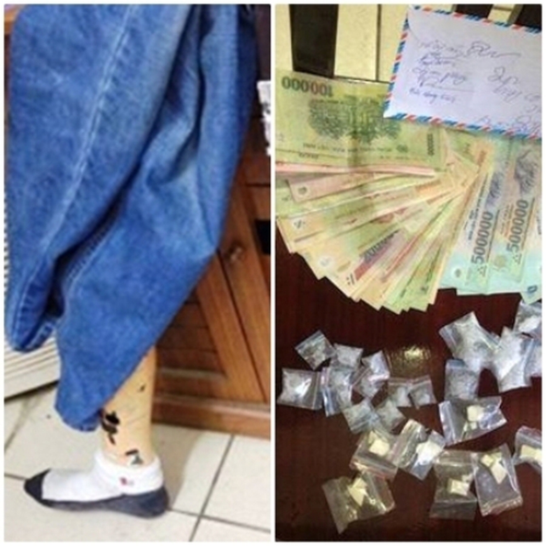 Chiếc ch&acirc;n giả v&agrave; tang vật ma t&uacute;y bị thu giữ