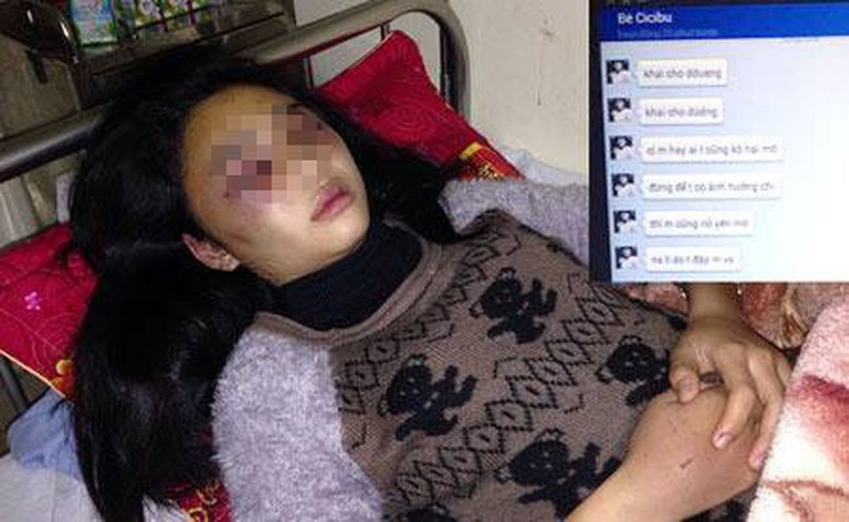 Em Trần Thị Anh T. điều trị tại bệnh viện (ảnh lớn) v&agrave; những tin nhắn đe dọa tiếp tục được gửi đến nạn nh&acirc;n (ảnh nhỏ)