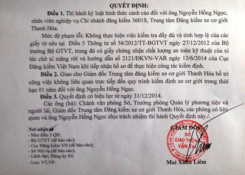 Một trong c&aacute;c quyết định kỷ luật của Sở GTVT Thanh H&oacute;a ban h&agrave;nh