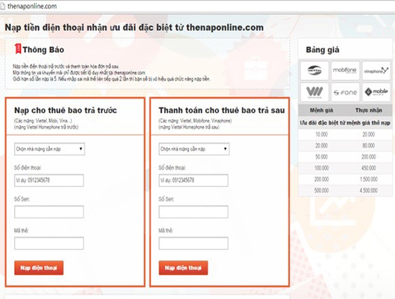  Trang nạp thẻ giả mạo do kẻ xấu tạo ra c&oacute; logo của c&aacute;c nh&agrave; mạng nhằm tăng độ tin cậy (Ảnh: Whitehat.vn)