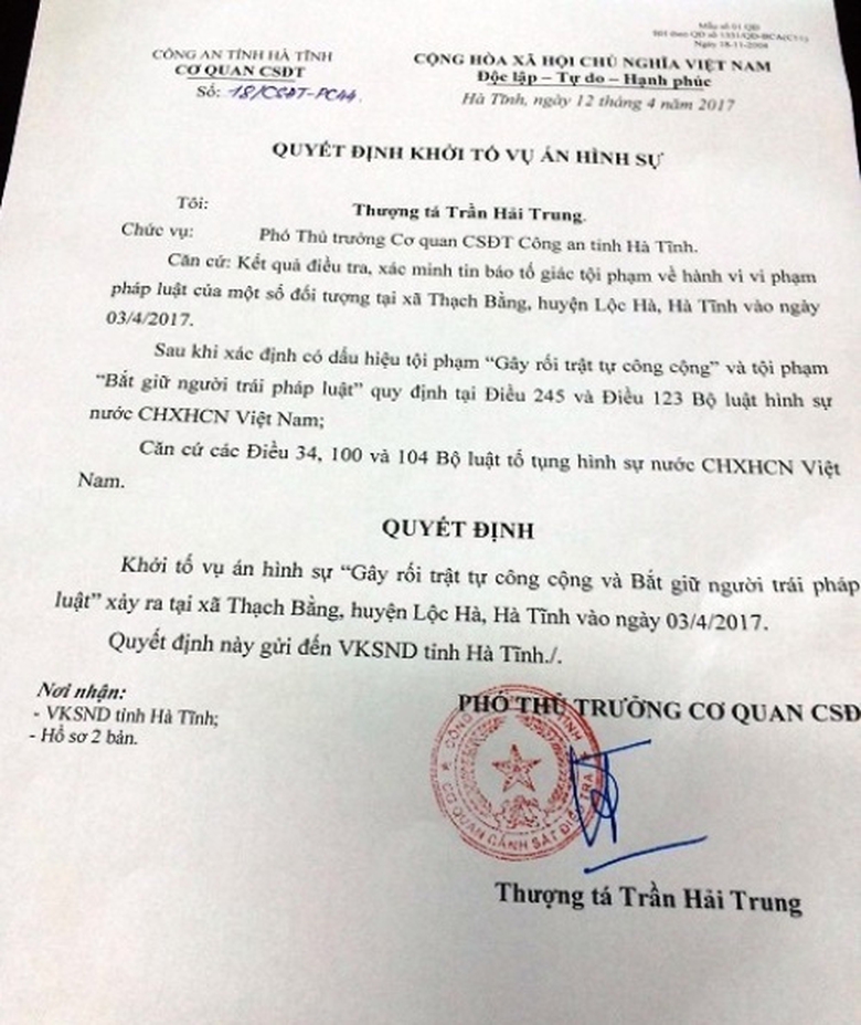 Quyết định khởi tố vụ &aacute;n h&igrave;nh sự