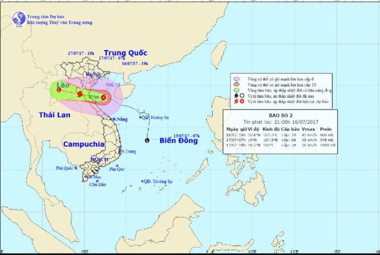 rạng s&aacute;ng ng&agrave;y 17 th&aacute;ng 7, b&atilde;o số 2 sẽ đổ bộ v&agrave;o b