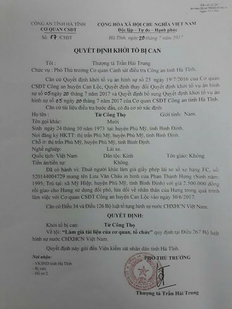 Quyết định khởi tố bị can với Từ C&ocirc;ng Thọ