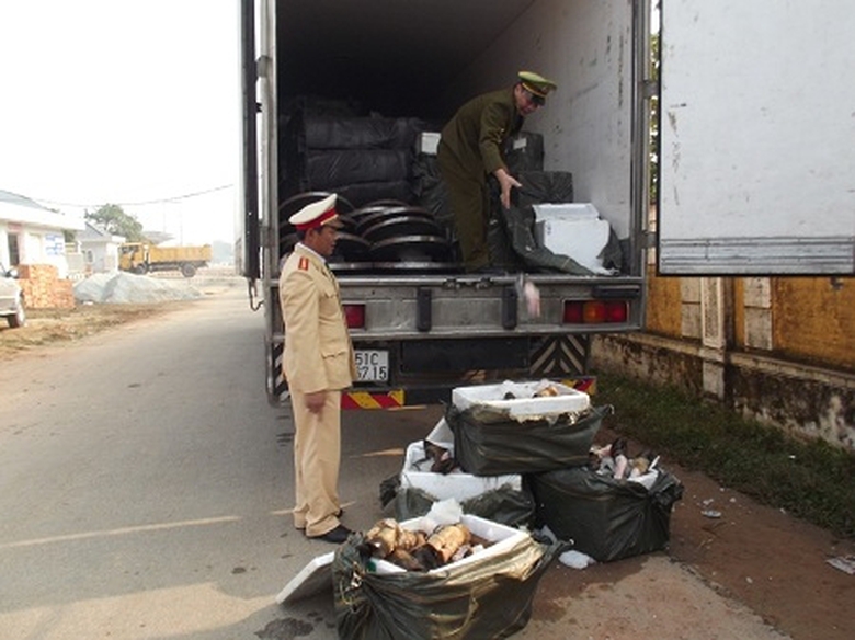 Lực lượng chức năng xử l&yacute; xe tải chở ch&acirc;n tr&acirc;u b&ograve; 