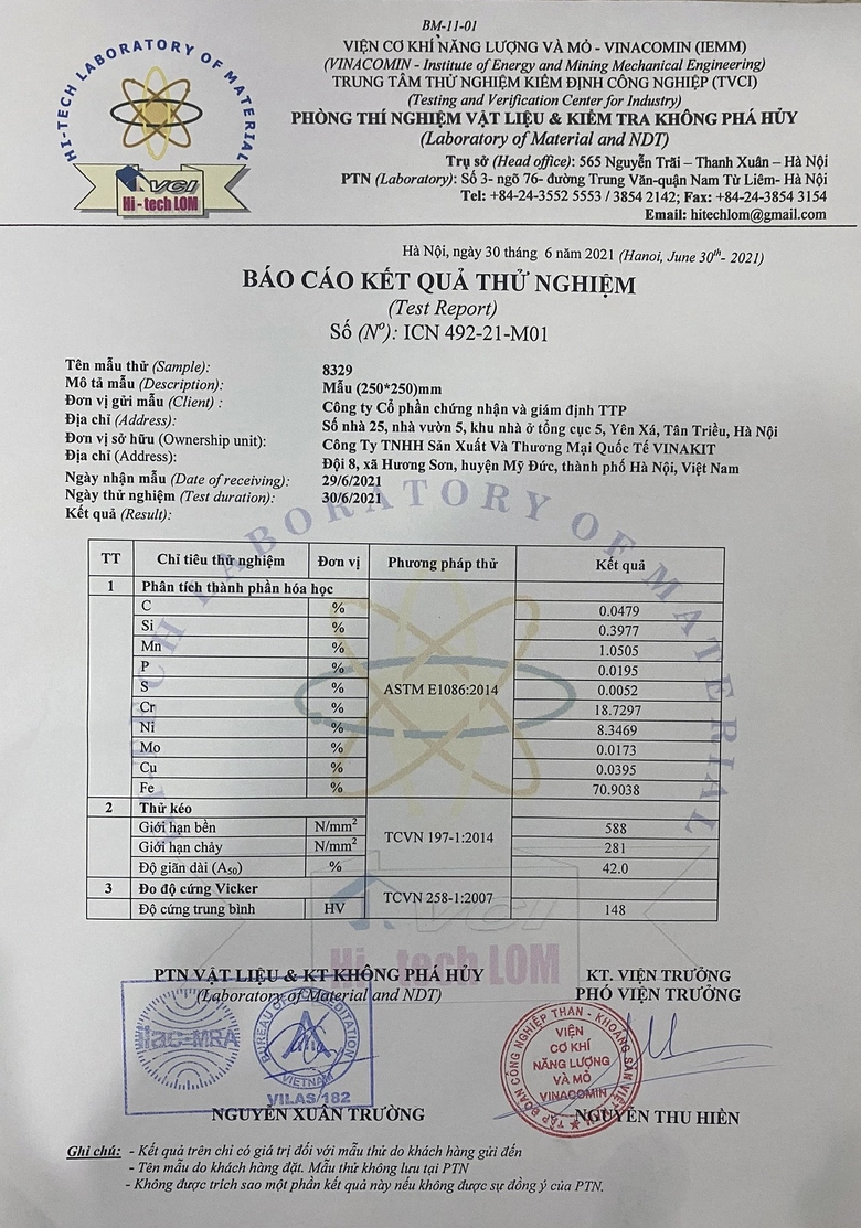 inox vinakit san pham tu bep dau tien duoc cap giay chung nhan dat chuan inox 304 astm cua hiep hoi vat lieu va thu nghiem hoa ky