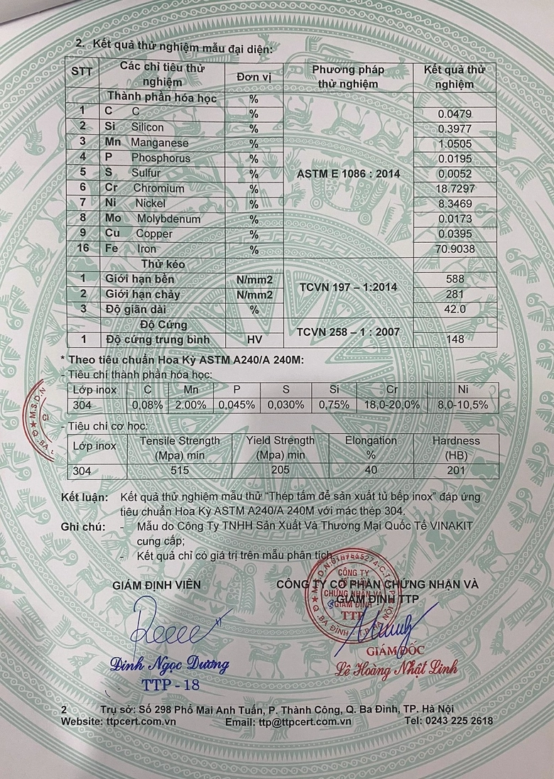 inox vinakit san pham tu bep dau tien duoc cap giay chung nhan dat chuan inox 304 astm cua hiep hoi vat lieu va thu nghiem hoa ky