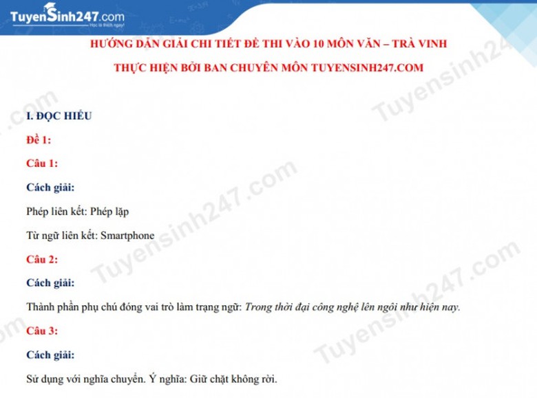 Đ&aacute;p &aacute;n thi lớp 10 m&ocirc;n Ngữ Văn tỉnh Tr&agrave; Vinh 2021