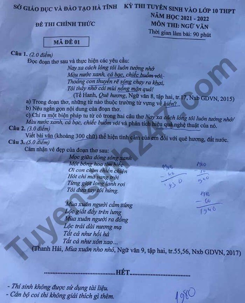 Đ&aacute;p &aacute;n m&ocirc;n Ngữ Văn lớp 10 tỉnh H&agrave; Tĩnh