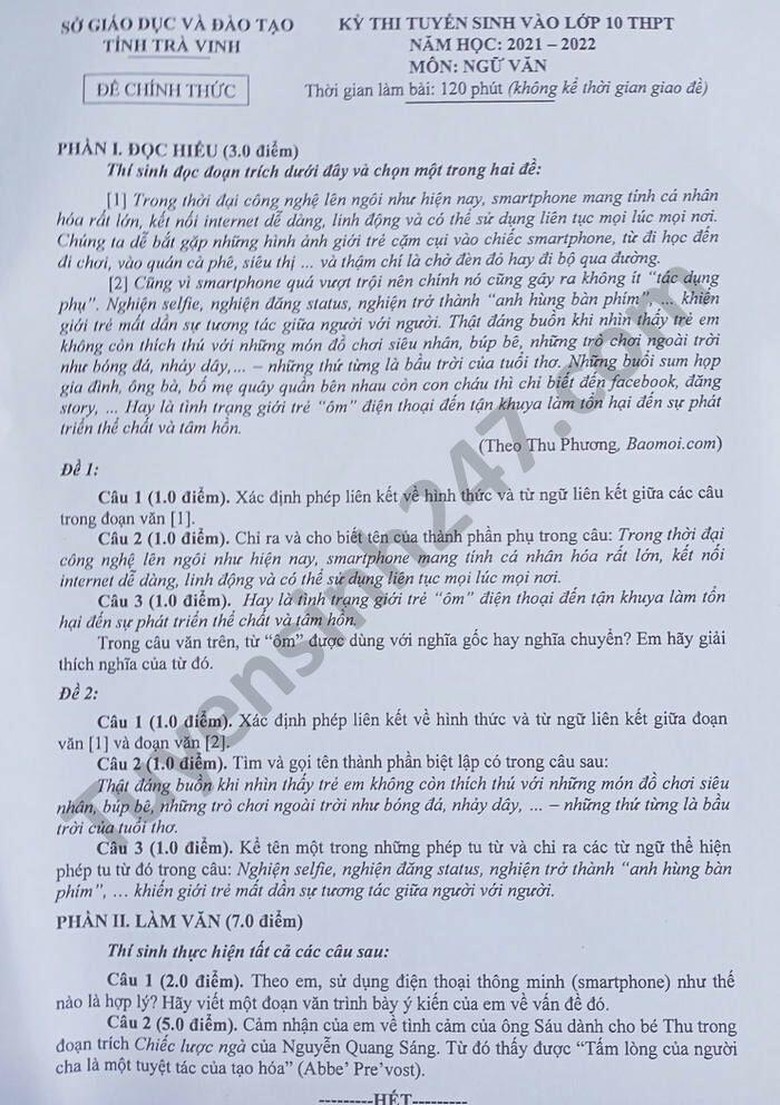 Đề thi tuyển sinh lớp 10 m&ocirc;n Ngữ Văn tỉnh Tr&agrave; Vinh 2021