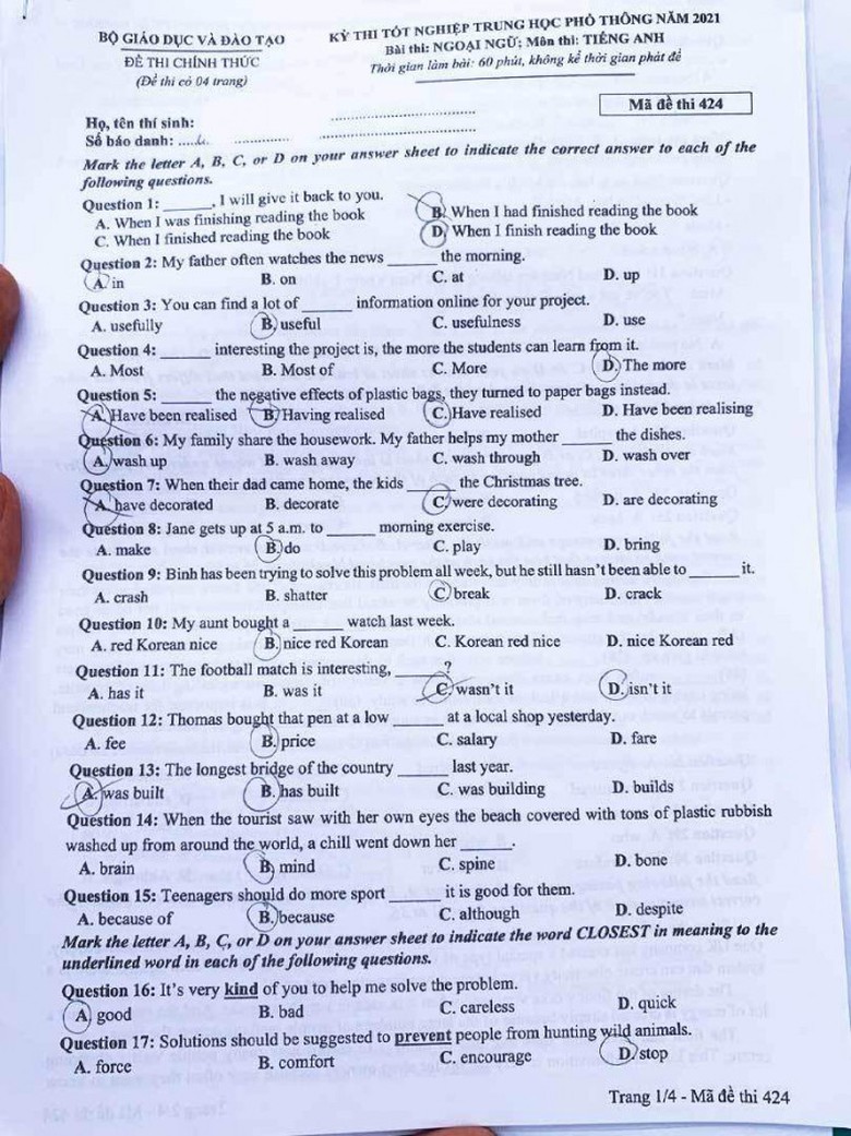 Đề thi Tiếng Anh 424 m&atilde; đề 424